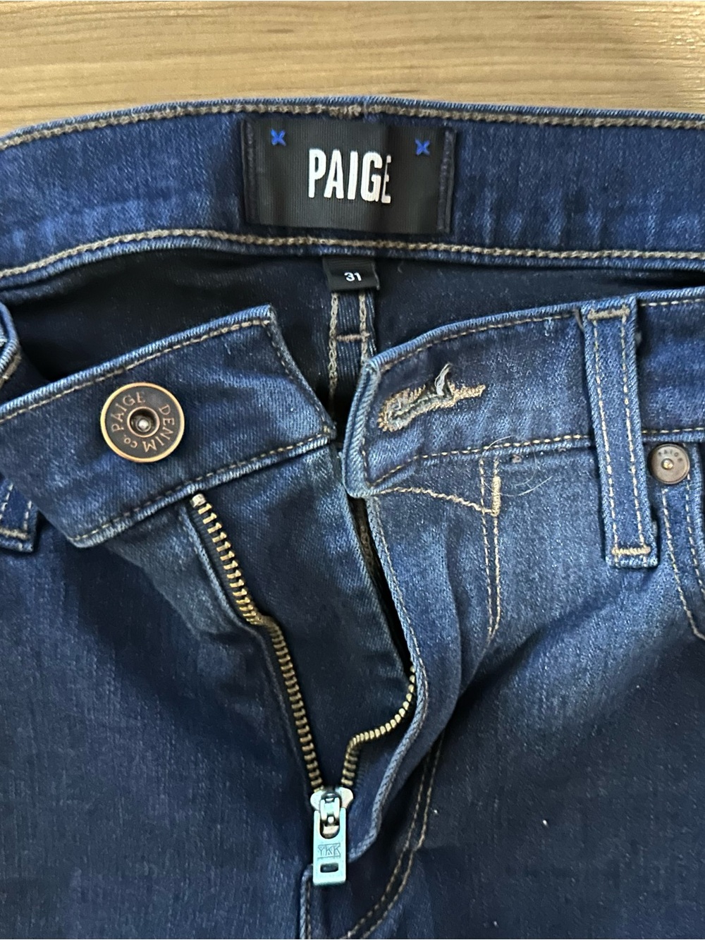 PAIGE Men’s Indigo Blue Denim Jeans with Branded Button